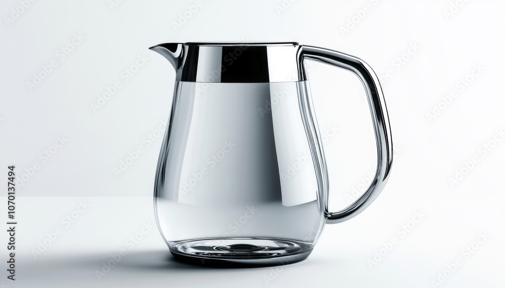 Modern glass pitcher with metal accents on a minimalistic white background Modern glass pitcher with metal accents on a minimalistic white background