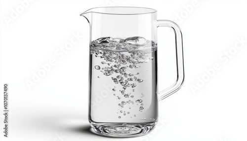 Clear glass pitcher filled with sparkling water on a white background