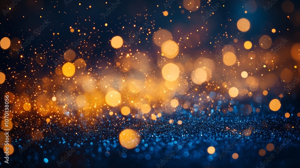 Obraz premium Navy Blue and Gold Bokeh Celebration, a vibrant shimmering effect in rich colors, ideal for seasonal promotions, conveying warmth, joy, and festive spirit.