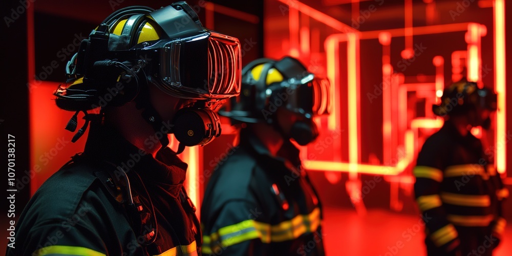 Abstract Marketing Background Featuring a Virtual Reality Training Scene Showcasing Firefighters Engaged in Training within a VR Environment. This Innovative Use of VR Technology Simulates Fire Scenar Abstract Marketing Background Featuring a Virtual Reality Training Scene Showcasing Firefighters Engaged in Training within a VR Environment. This Innovative Use of VR Technology Simulates Fire Scenar