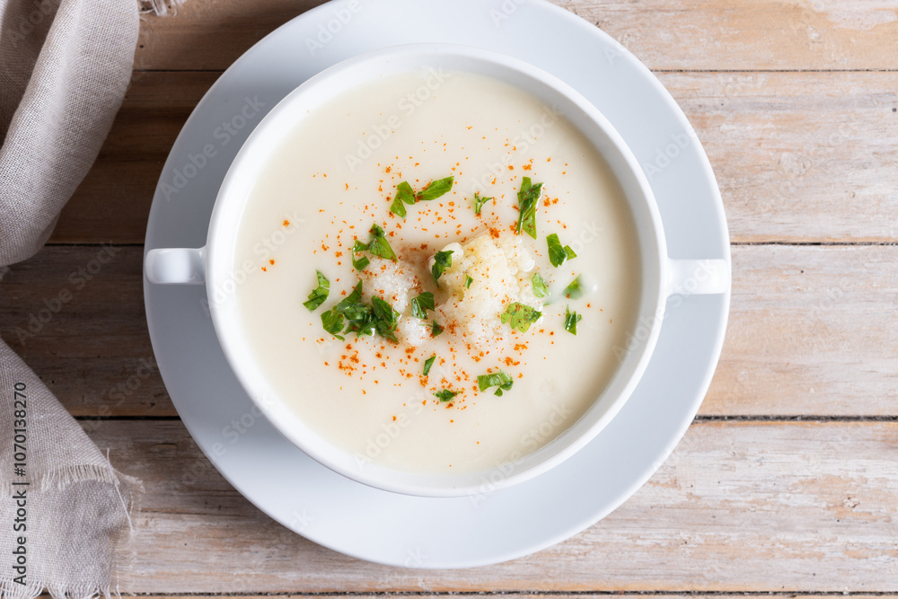 Cauliflower soup in bowl on wooden table. Top view Cauliflower soup in bowl on wooden table. Top view