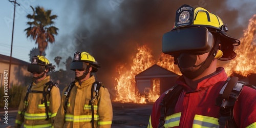 Abstract Marketing Background Featuring a Virtual Reality Training Scene Showcasing Firefighters Engaged in Training within a VR Environment. This Innovative Use of VR Technology Simulates Fire Scenar photo