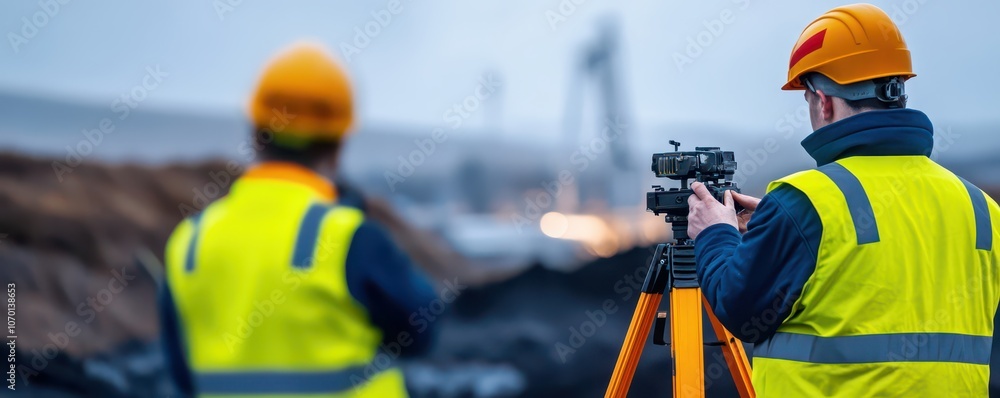 Fototapeta premium Engineers wearing helmets collaborate on a construction site, ensuring safety and precision in their work.