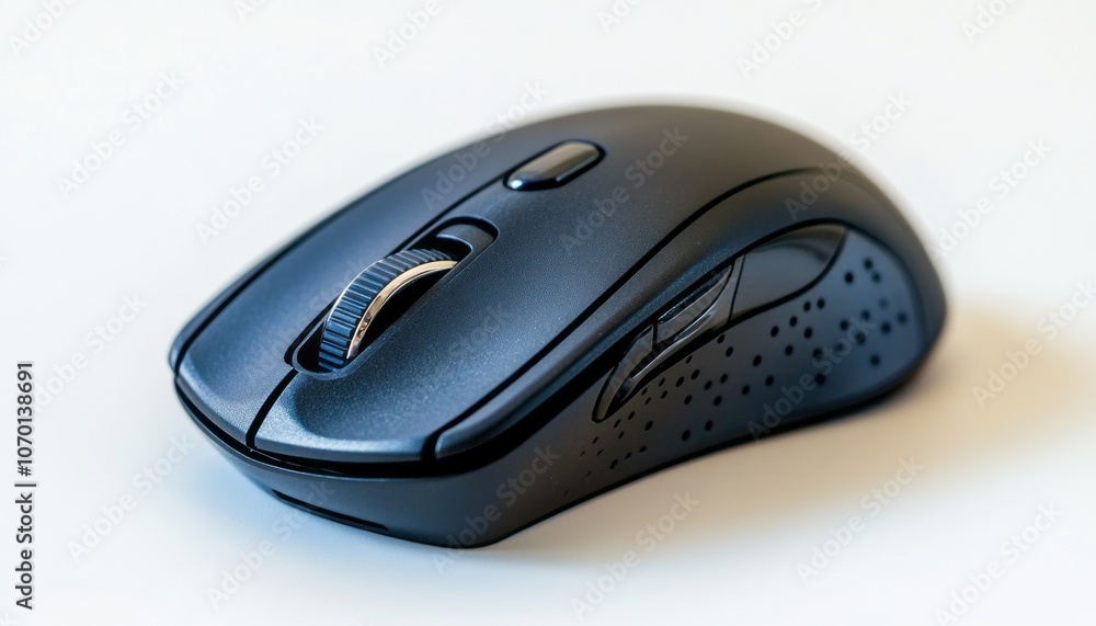 A close-up view of a sleek ergonomic wireless computer mouse on a light surface A close-up view of a sleek ergonomic wireless computer mouse on a light surface