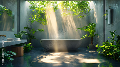 A highly detailed photography depicting a luxurious bathroom with a seamless open-concept design, featuring concrete walls, a polished stone sink, and greenery for a touch of nature.