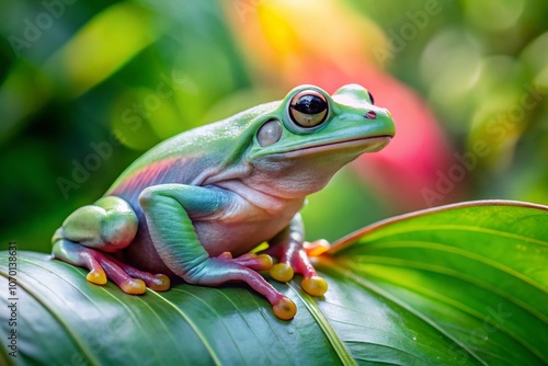 Charming Dumpy Frog in Lush Greenery with Copy Space for Text, Perfect for Nature and Wildlife Themes, Showcasing Its Unique Shape and Vibrant Colors in a Serene Environment