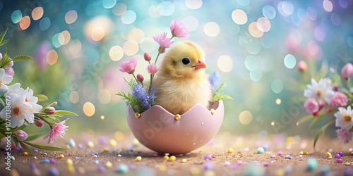Charming Easter Chicken Emerging from a Colorful Egg with a Magical Bokeh Effect, Perfect for Spring Celebrations and Festive Illustrations