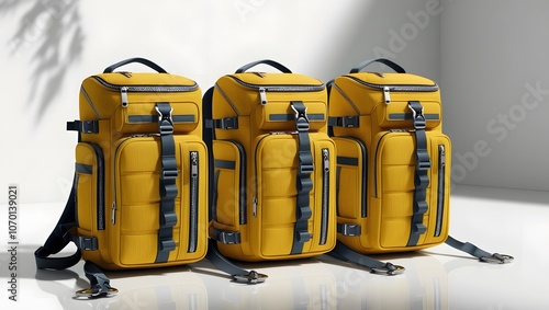 Three stylish backpacks in yellow colors against white backdrop. School backpack with copy space. photo