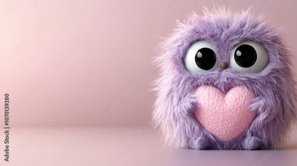Fototapeta premium Cute purple furry monster holding a pink heart.