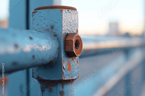 Closeup of a rusted metal railing with a nut and bolt.