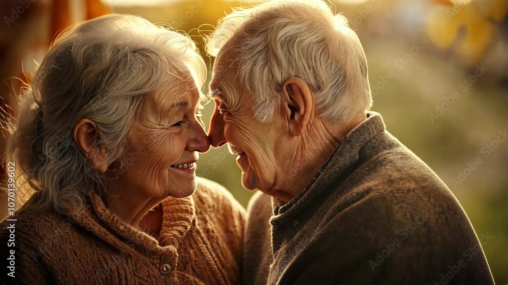 Elderly couple, intimate moment and gentle smile for love, companionship and lifelong bond. Warm embrace of senior man and woman symbolizing romance, connection and emotional warmth in golden light Elderly couple, intimate moment and gentle smile for love, companionship and lifelong bond. Warm embrace of senior man and woman symbolizing romance, connection and emotional warmth in golden light