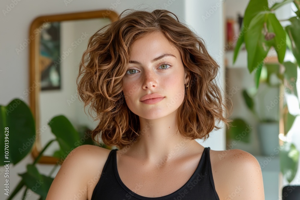 Young woman with curly hair standing confidently in a bright room filled with greenery during daylight Young woman with curly hair standing confidently in a bright room filled with greenery during daylight