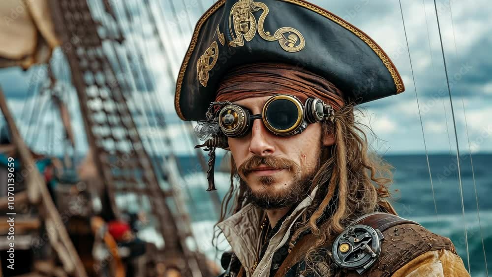 Pirate, rugged man with goggles and tricorn hat on ship for adventure ...