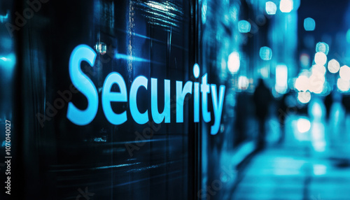 Glowing blue security sign in an urban setting with blurred city lights, conveying a sense of safety and vigilance in the bustling night environment.