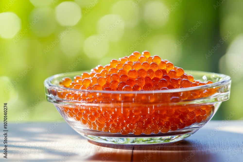 Fresh salmon roe displayed in a glass bowl against a blurred natural background during daylight Fresh salmon roe displayed in a glass bowl against a blurred natural background during daylight