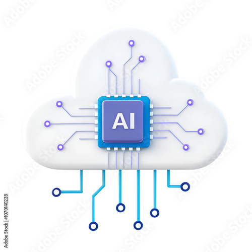 3D Artificial Intelligence Chip Illustration circuit isolated on transparent background, Technology Blue chip,processor chip 3d icon illustration render design,ai chip 3d,white cloud with an AI chip, photo