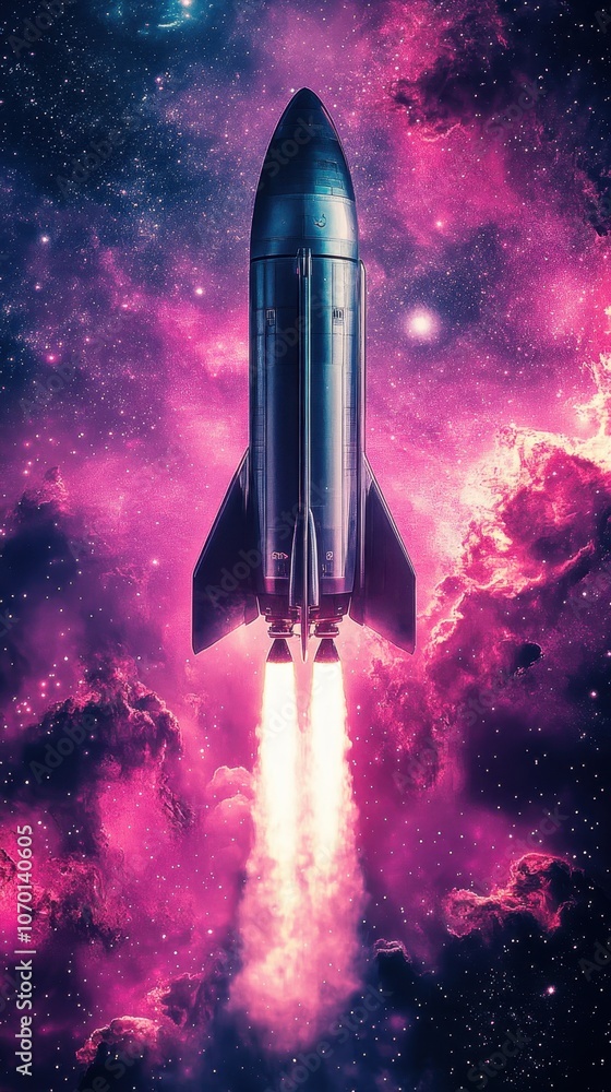 Rocket launching into vibrant pink cosmic clouds Rocket launching into vibrant pink cosmic clouds