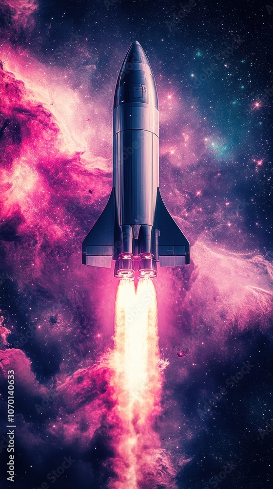 Rocket launching into vibrant pink cosmic clouds Rocket launching into vibrant pink cosmic clouds