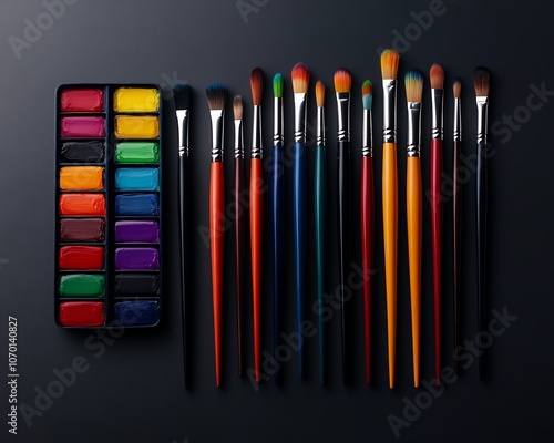 Flat lay of assorted painting tools brushes, paint tubes, palettes on soft gray background minimal shadows high clarity photo