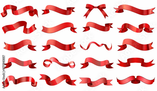 30 vector red ribbon banner shapes, on a white background, a clip art set.