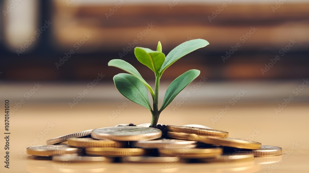 Green plant growing from gold coins stack on wooden surface, symbolizing growth Green plant growing from gold coins stack on wooden surface, symbolizing growth