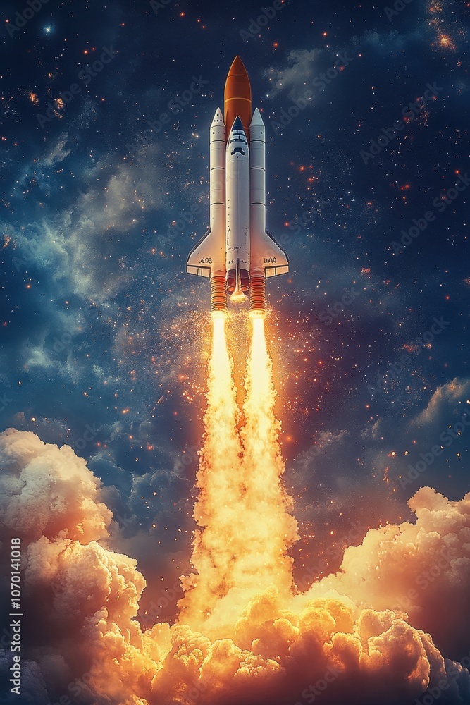 Rocket launching through glowing clouds in space Rocket launching through glowing clouds in space