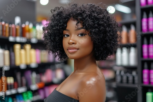 A young woman with curly hair poses confidently in a beauty supply store filled with colorful hair products during daytime