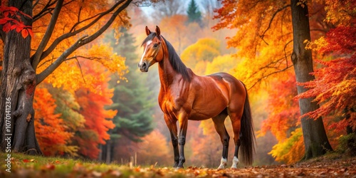 Majestic Bay Horse in Autumn Forest - Stunning Landscape Photography of Nature's Beauty with Vibrant Colors and Tranquil Scenery