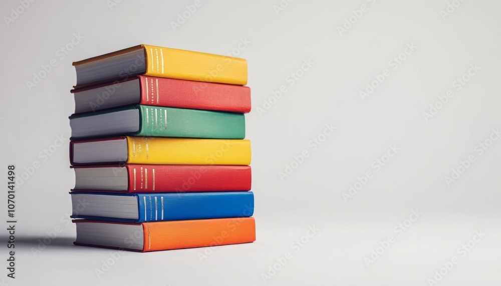 Colorful stack of various books against a neutral background in a bright indoor setting Colorful stack of various books against a neutral background in a bright indoor setting