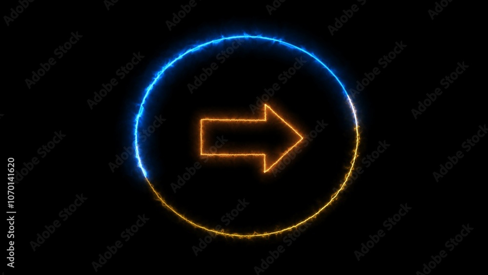 Neon single-line directional right arrow animation with colorful circle. Moving arrow pointing to the right. Next or right direction arrow on black background. Neon single-line directional right arrow animation with colorful circle. Moving arrow pointing to the right. Next or right direction arrow on black background.