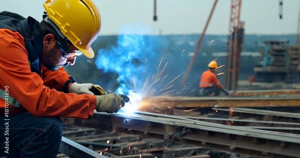 a construction worker wearing a hard hat and safety goggles, welding metal beams on a building site. Sparks fly as he works, with other workers and scaffolding in the background a construction worker wearing a hard hat and safety goggles, welding metal beams on a building site. Sparks fly as he works, with other workers and scaffolding in the background