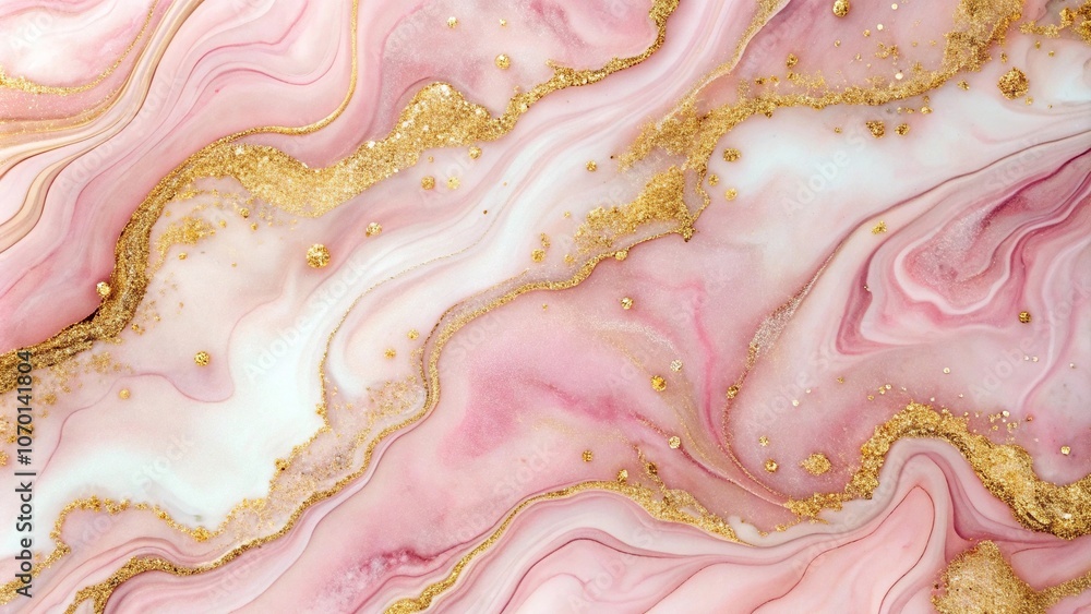 Abstract marble painting rose pink liquid watercolor background with golden glitter long shot
