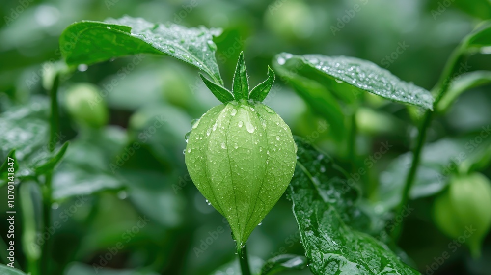 A close-up shot of a green plant bud with water droplets on it. A close-up shot of a green plant bud with water droplets on it.