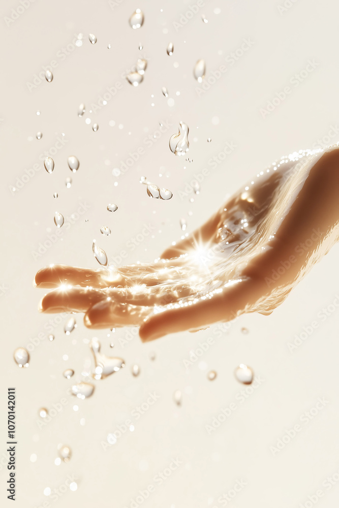 A studio shot capturing clear water splashes and droplets in warm sunlight, evoking freshness and energy.