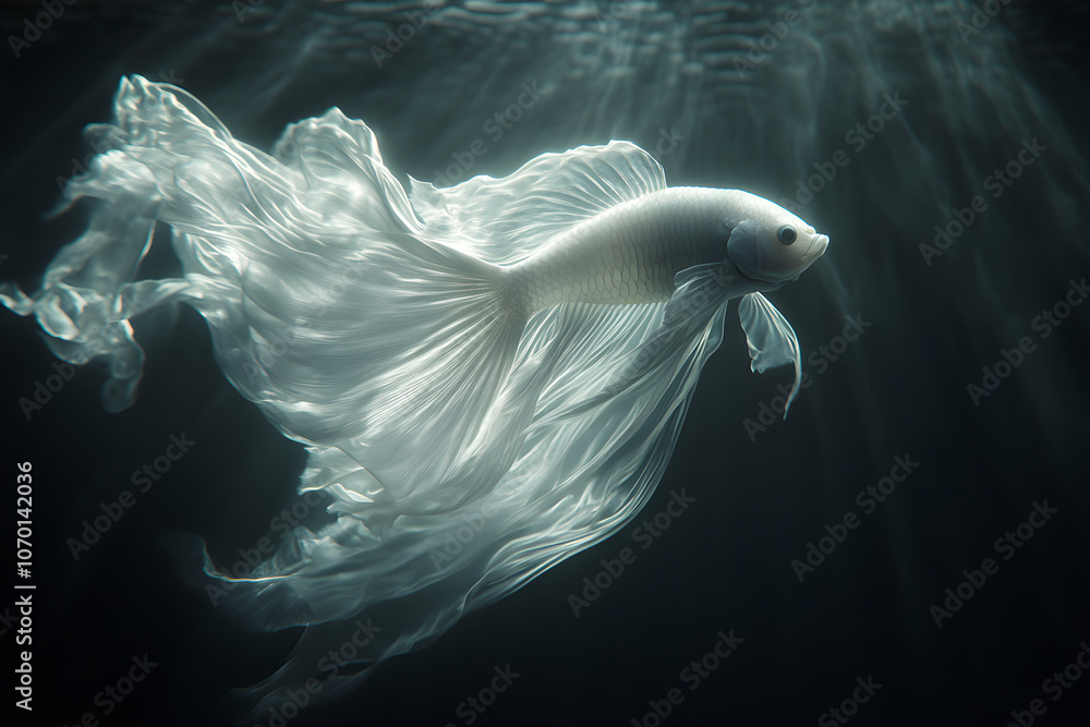 Naklejka premium A white Siamese fighting fish with flowing fins swims through dark water illuminated by light rays.