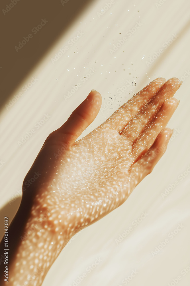 A detailed close-up of a woman's hand interacting with water drops, capturing the essence of beauty and relaxation.