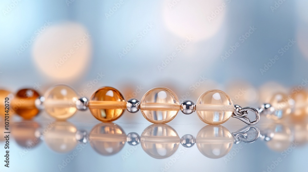 Close-up of a delicate beaded necklace with alternating clear and amber beads and silver accents on a reflective surface with a blue bokeh background. Close-up of a delicate beaded necklace with alternating clear and amber beads and silver accents on a reflective surface with a blue bokeh background.