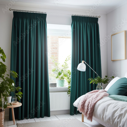 Heavy fabric curtains in modern bedroom, white walls and wooden furniture, miminal interior design