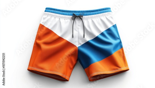 Colorful swim trunks with contrasting orange, blue, and white stripes for summer beach fun