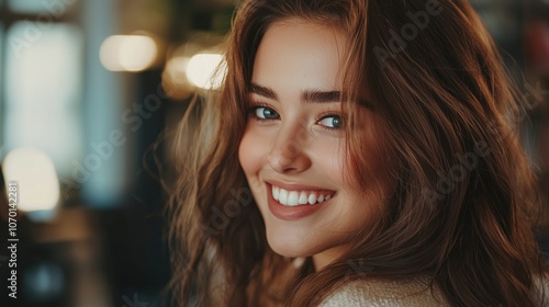 A vibrant young woman with wavy brown hair and glowing skin, smiling warmly while standing indoors in a softly lit modern environment with a cozy and inviting atmosphere in the background.