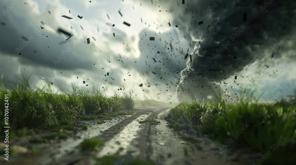 Generative AI image of raging tornado at the end of road with grass fields and covering sky with black clouds Generative AI image of raging tornado at the end of road with grass fields and covering sky with black clouds