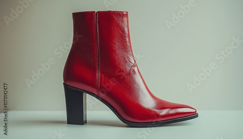 Stylish red ankle boot with high heel placed on a white table against a neutral background photo