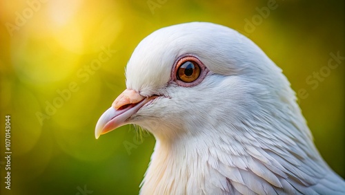 Close-Up Portrait of a Majestic White Pigeon Dove with Soft Feathers, Bright Eyes, and a Serene Expression, Capturing the Beauty of Nature in Stunning Detail and Clarity