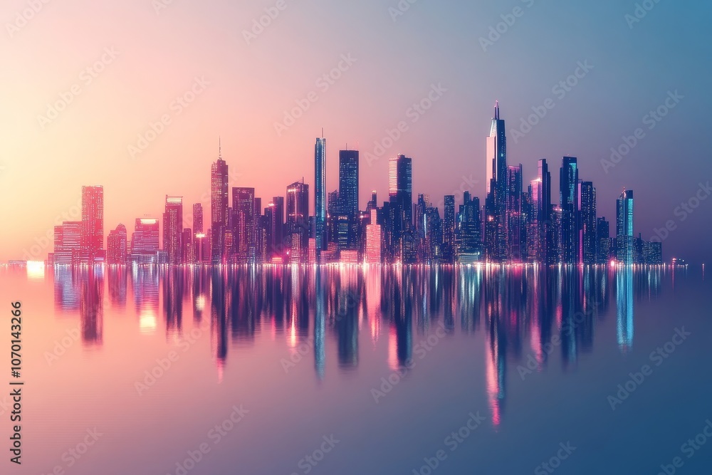 Obraz premium Colorful sunset skyline reflecting on water in a vibrant urban landscape