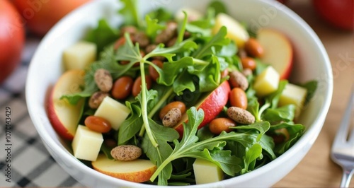 Fresh healthy salad with greens and apples