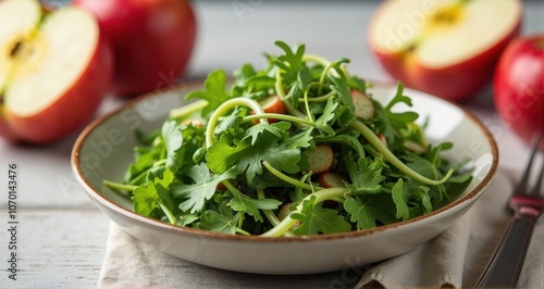 Fresh green salad with apple slices