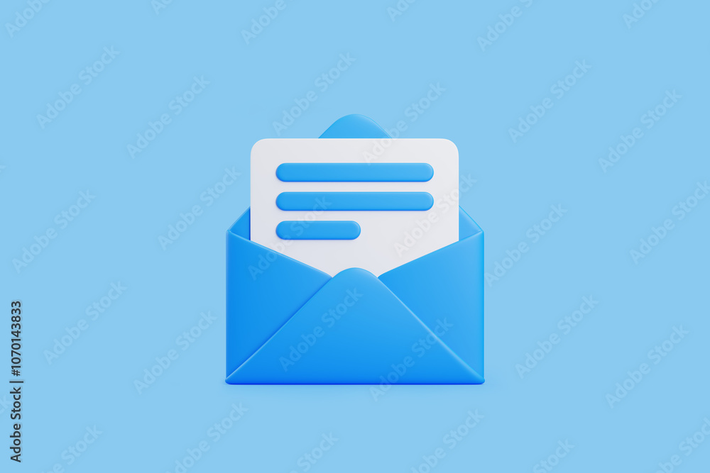 Blue envelope containing a document icon with text lines, representing email communication or digital messaging on a blue background. 3D render illustration Blue envelope containing a document icon with text lines, representing email communication or digital messaging on a blue background. 3D render illustration