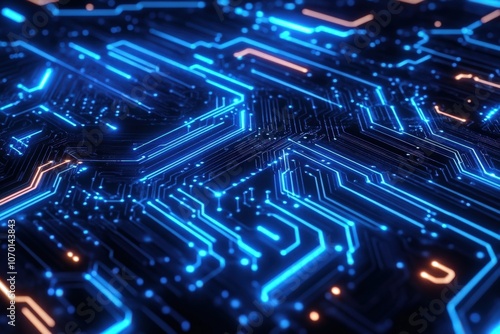 Modern circuit board with dynamic blue light patterns