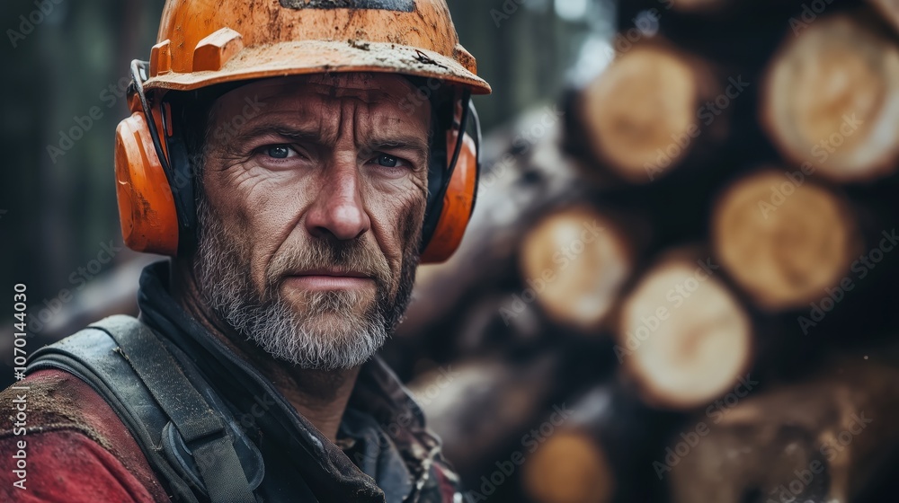 Weathered lumberjack in forest with logs in background Weathered lumberjack in forest with logs in background