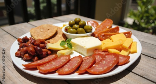 Delicious charcuterie platter on wooden table